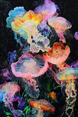Obraz premium A painting of a group of jellyfish drifting in the sky, surrounded by twinkling stars in the background