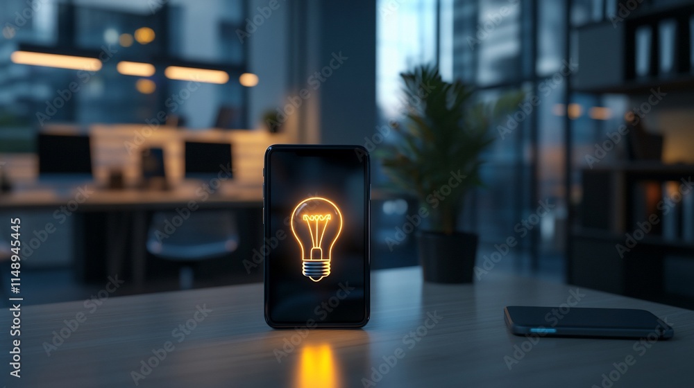 Poster a smartphone displaying a glowing lightbulb in a modern office setting.