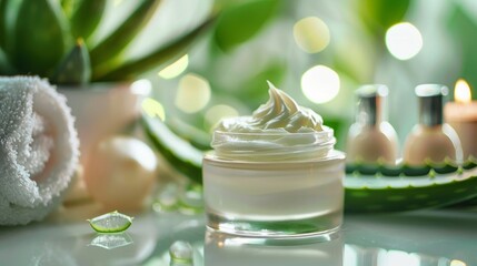 Luxurious aloe vera cream in a frosted jar surrounded by natural elements and candles, emphasizing relaxation, hydration, and eco-friendly skincare.