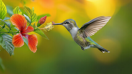 Naklejka premium A Hummingbird Feeding on a Flower in Front of a Green and Yellow Background