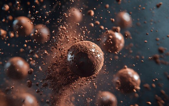 A mesmerizing display of chocolate particles and spheres suspended in mid-air, creating a dynamic scene that captures the essence of indulgence and sweet delight.