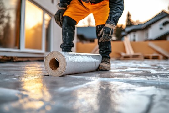 Skilled workers applying waterproofing at a construction site A worker using a roller on the membrane