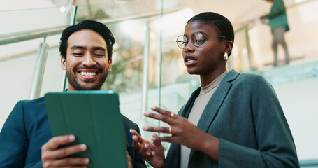 Planning, eco consultant and tablet with business people in office for sustainability manager, low...