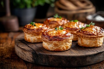 Small Melton Mowbray pork pies on a rough wooden surface