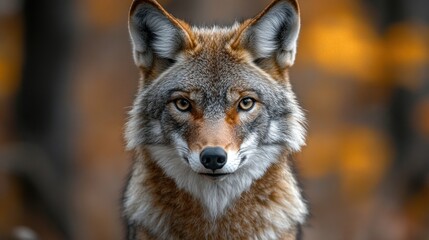 A majestic coyote stares intently at the viewer amidst the autumn foliage, showcasing the beauty and mystery of wildlife in its natural habitat during fall
