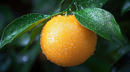 Close-up image of a ripe orange fruit hanging on a branch covered with water droplets, showcasing fresh leaves and vibrant colors in a natural setting