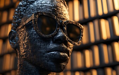 A striking close-up of a textured sculpture wearing sunglasses, highlighting the blend of modern fashion and artistic expression in contemporary culture.