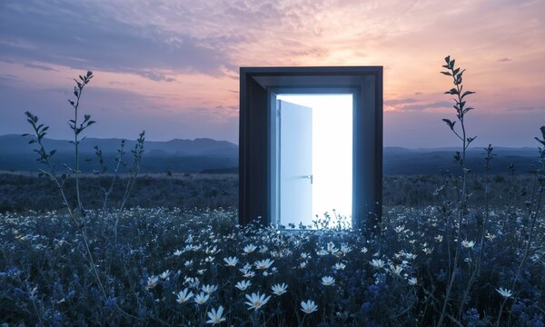 A single door stands open in a field of flowers, bathed in the soft glow of a magical sunset. The open door symbolizes possibility and hope, inviting the viewer to step into a new adventure.