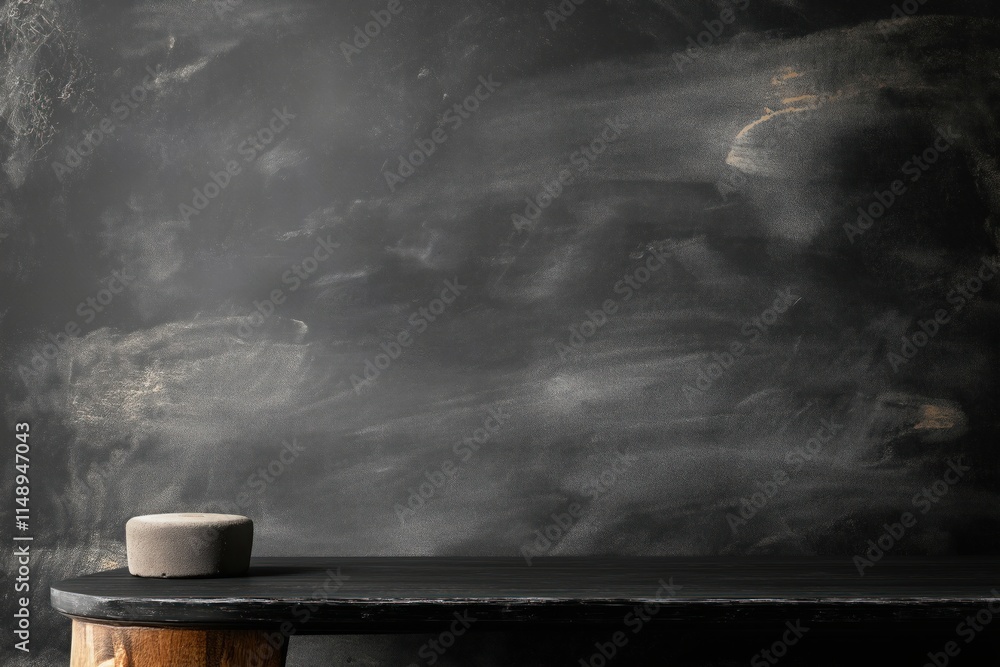 Poster dark gray chalkboard texture background with small gray round object on dark wooden table. suitable 