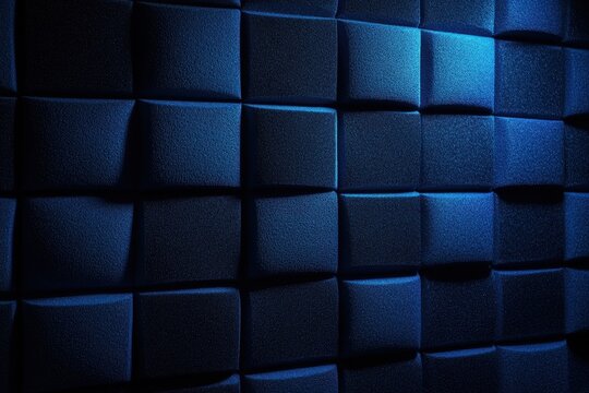 Soundproofed recording studio featuring dark acoustic foam and blue lighting ideal for radio or podcast backgrounds with space for website banner