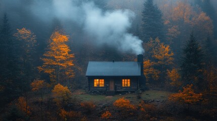 A cozy cabin surrounded by autumn foliage and misty atmosphere.
