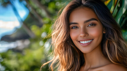 Obraz premium Smiling young hispanic female in lush tropical paradise with sunlit background