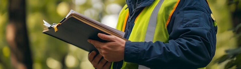 A worker in a safety vest examines a book in a lush forest. The scene highlights the importance of environmental studies and safety practices in industrial workspaces.