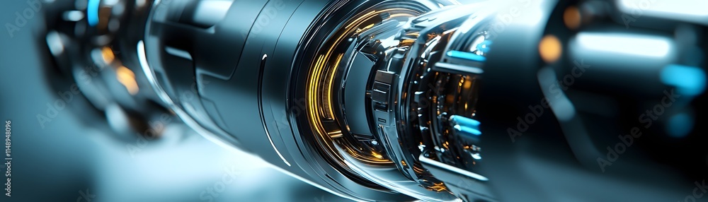Poster close-up of a futuristic robotic component, showcasing intricate detailing and advanced engineering.