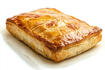 Steak pie in puff pastry on baking paper on a white background