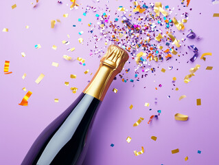 Golden Champagne and Confetti Explosion on Purple Background for Festive Events