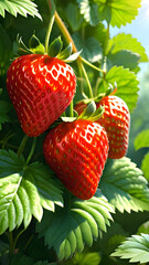 Ripe strawberries and foliage, growing in the garden.