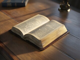 Fototapeta premium An open book rests on a wooden table, bathed in soft light