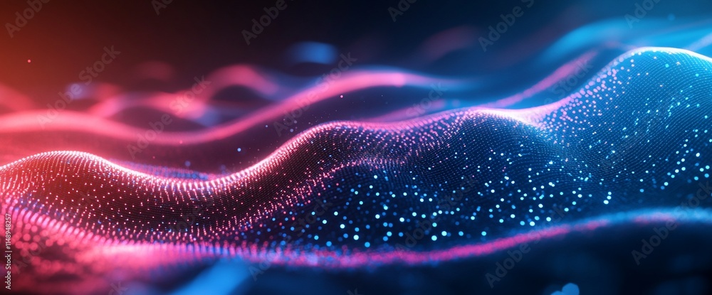 Poster abstract digital waves with glowing particles in a dark background.