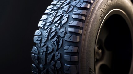 Close-up of a rugged tire showcasing tread design and texture.