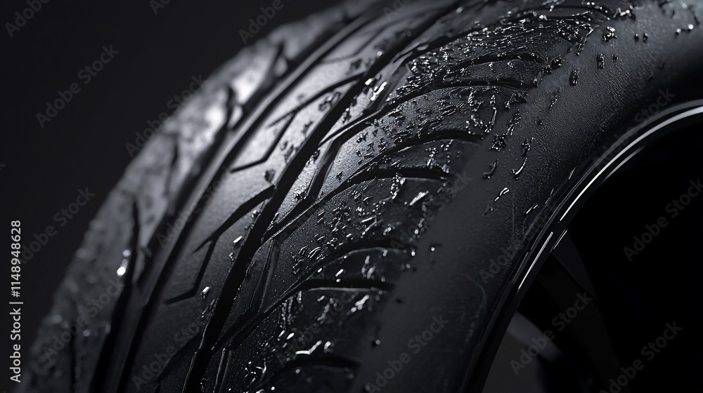 Poster close-up of a wet tire showcasing tread patterns and texture.