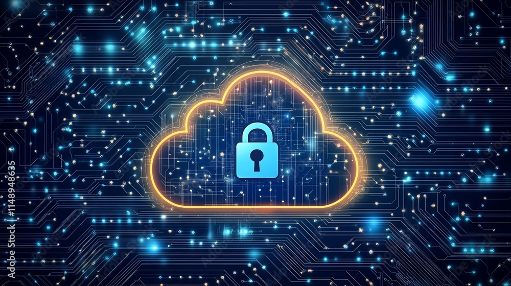 Poster cloud symbol with a padlock, representing data security and protection.