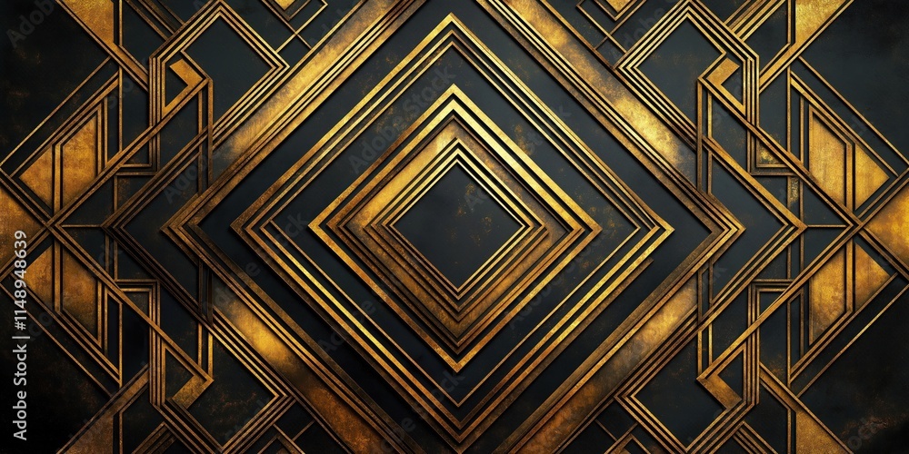 Poster abstract art deco design pattern black, gold. geometric shapes create intricate overlapping layers. 