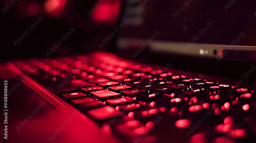 Aufkleber close-up of backlit keyboard with red glow in dim environment