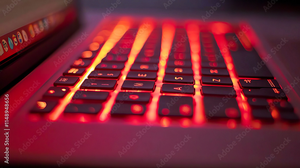 Poster close-up of red backlit keyboard with focus on keys and warm glow