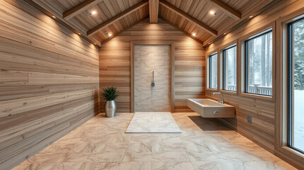 Obraz premium Interior View of Spa-Style Room with Wood Paneling, Marble Shower, and Built-in Sink