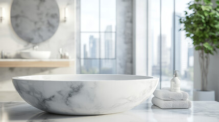  "Elegant Display: Marble Top Table with Bathroom Ambience"

