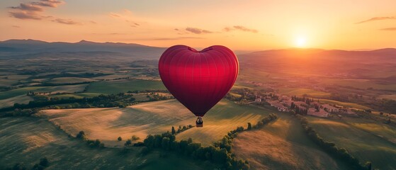 Fototapeta premium A beautiful aerial view of a heart-shaped hot air balloon flying over lush landscapes, capturing the essence of adventure and romance against a stunning sunset.