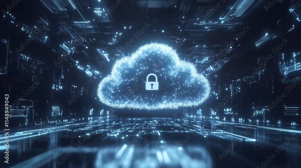 Poster digital cloud with a lock symbol, representing data security and protection.