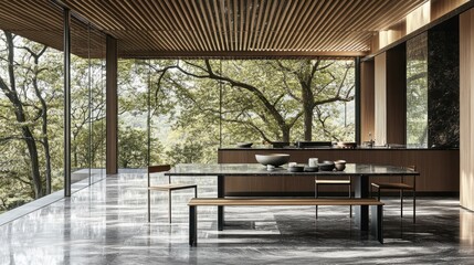 Modern minimalist kitchen with expansive forest views.