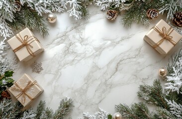 Festive arrangement of gifts and greenery on a marble surface during the holiday season