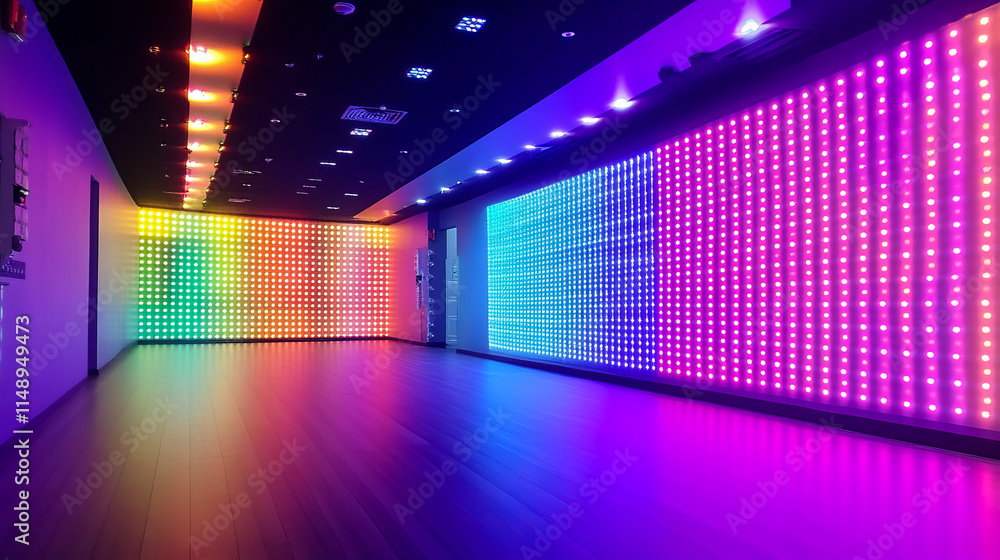Poster vibrant led light display in modern hallway with multicolor patterns