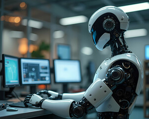 Innovation Labs: A humanoid robot testing advanced sensors in a futuristic lab. Generative AI