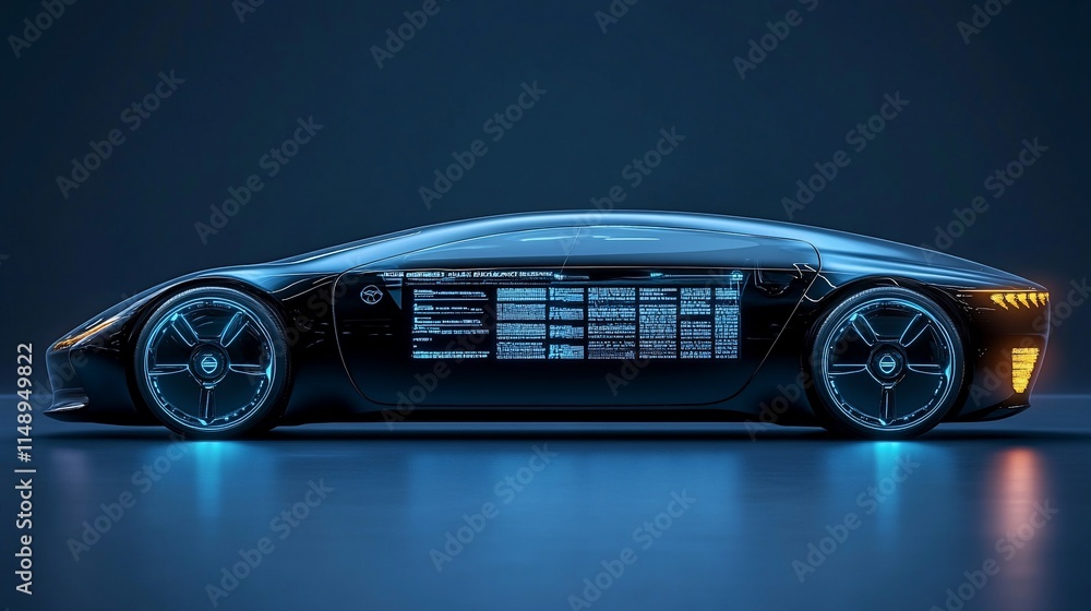 Poster futuristic car design with glowing elements and digital interface.