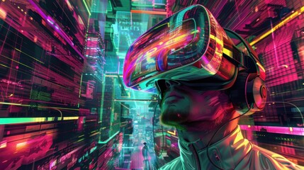 Futuristic virtual reality experience with immersive digital elements