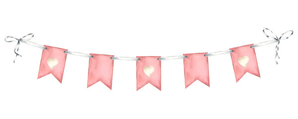 Hanging garland with rectangle flags in pink pastel color. Hand drawn watercolor illustration of pennant for baby party design on isolated background. Bunting for banner, celebration or party design.