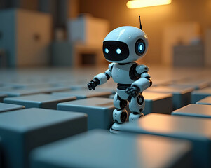 Innovation Labs: A small robot exploring a maze created in a test lab. Generative AI