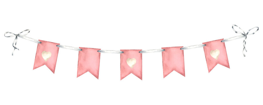 Hanging garland with rectangle flags in pink pastel color. Hand drawn watercolor illustration of pennant for baby party design on isolated background. Bunting for banner, celebration or party design.