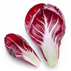 Obraz premium Vibrant purple and white radicchio leaves, isolated on a white background, showcasing their fresh and crisp appearance