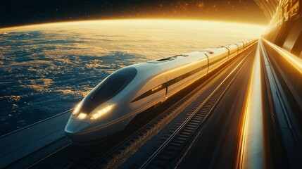 Obraz premium Futuristic train traveling through space above a glowing planet.