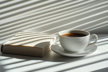 Enjoying a quiet morning with coffee and a blank book under soft sunlight