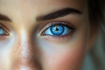 Obraz premium Stunning close-up portrait of a young woman with striking blue eyes and natural beauty features