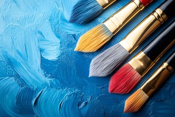 Fototapeta premium A set of colorful paintbrushes lying on a blue textured canvas with bold strokes of paint