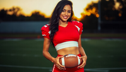A young female athlete in a red sports uniform smiling confidently while holding an American football on a grassy field during sunset.