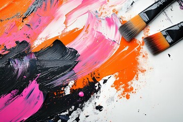 Obraz premium Bright pink, orange, and black paint strokes on a white canvas with two brushes lying nearby