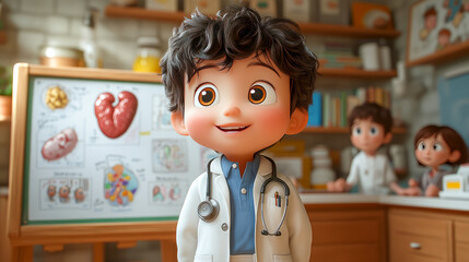 Animated young caucasian child doctor in classroom with heart diagram
